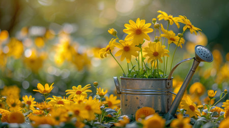 A yellow watering can overflow with vibrant yellow flowers, creating a striking contrast against the green background.の素材