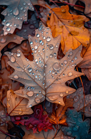 A detailed view of a leaf covered in glistening water droplets.の素材