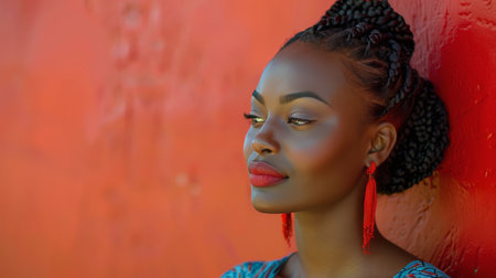 A woman with braids stands against a vibrant red wall.の素材