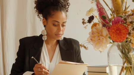 A focused woman sitting at a table, pen in hand, writing diligently in a notebook.の素材
