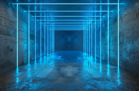 A spacious room with no furniture or occupants, illuminated by vibrant blue neon lights. The room appears stark and minimalistic, with the only source of light coming from the neon tubing. The blue glow creates an eerie and futuristic atmosphere within the room.の素材