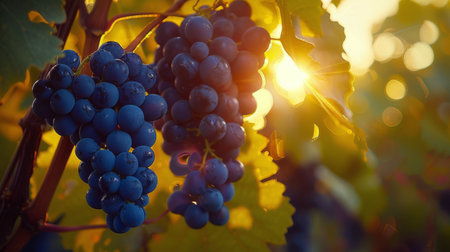 Cluster of ripe grapes hanging from a vine in a vineyard.の素材