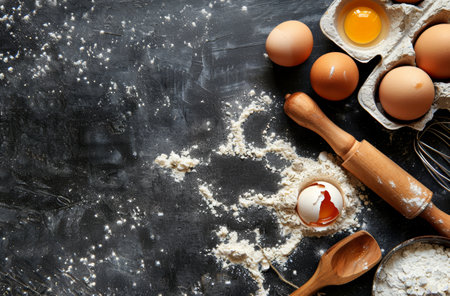 A group of eggs is neatly arranged on a wooden table, ready to be used for cooking or baking. The eggs are various shades of brown and white, creating a simple yet visually appealing composition.の素材