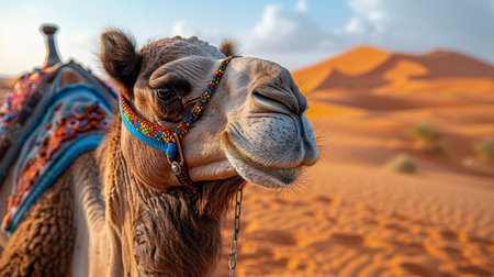 A camel up close in the desert, showing its distinctive hump and long neck in the arid landscape.の素材
