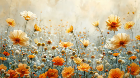 A field filled with vibrant flowers of various colors, stretching out under a sky covered with fluffy clouds and a hue of blue. The flowers are blooming and swaying gently in the breeze, creating a beautiful contrast against the backdrop of the sky.の素材