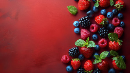 Assorted berries and raspberries arranged on a vibrant red surface.の素材