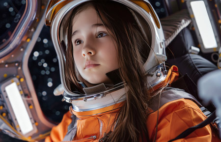 A young girl wearing an orange space suit stands confidently in an unidentified space environment.の素材