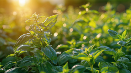 A field of lush green plants basking in the warm glow of the sun in the background.の素材