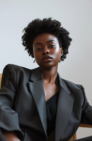 A woman dressed in a suit is sitting comfortably in a chair.の素材