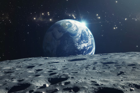 Earth as seen from the perspective of the moon, showcasing the planets distinctive blue and white hues against the black backdrop of space.の素材