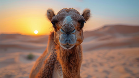 A camel up close in the desert, showing its distinctive hump and long neck in the arid landscape.の素材