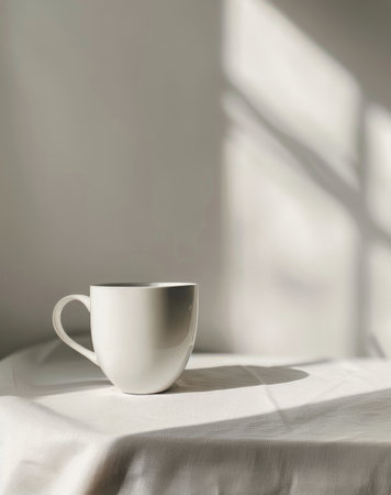 A white cup is placed on top of a wooden table.の素材