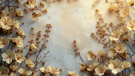 Multiple colorful flowers displayed on a wall in a vertical arrangement.の素材