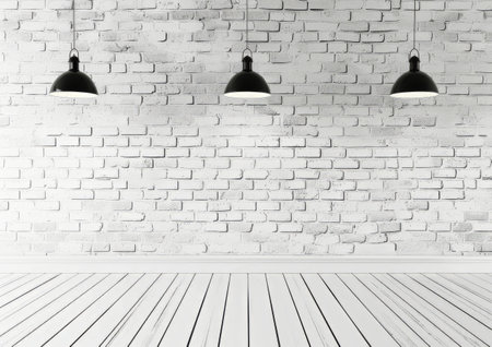 Three electric lights with exposed bulbs hanging on a weathered brick wall in an urban setting.の素材