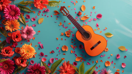 A ukulele rests amidst a variety of colorful flowers and delicate petals, creating a vibrant and harmonious scene.の素材