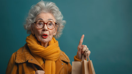 An elderly woman with glasses holds multiple shopping bags in her hands.の素材