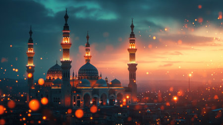 Glowing mosques, twinkling lights, embodying the spirituality and reverence of Ramadan with copy space.の素材