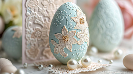Delicate egg patterns, lace, and pearls create an Easter card sophistication.の素材