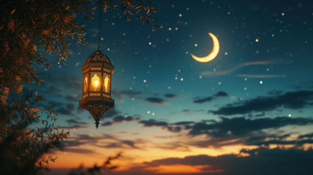 Nighttime Ramadan scene, crescent moon, and calmness in the air with copy space.の素材