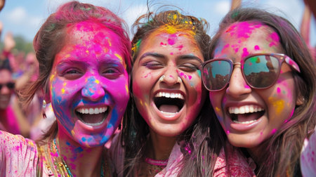 Family, friends, and vibrant colors come together in a joyous Holi gathering.の素材