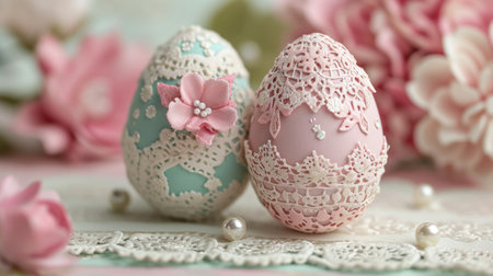 Delicate egg patterns, lace, and pearls create an Easter card sophistication.の素材