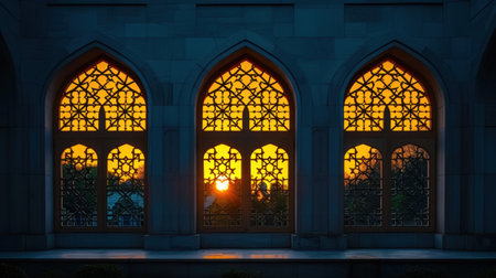 Mosque silhouette, illuminated windows, depicting unity, and shared spirituality with copy space.の素材
