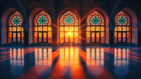 Mosque silhouette, illuminated windows, depicting unity, and shared spirituality with copy space.の素材