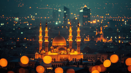 Glowing mosques, twinkling lights, embodying the spirituality and reverence of Ramadan with copy space.の素材
