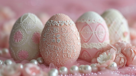 Delicate egg patterns, lace, and pearls create an Easter card sophistication.の素材
