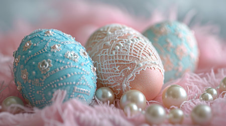 Delicate egg patterns, lace, and pearls create an Easter card sophistication.の素材