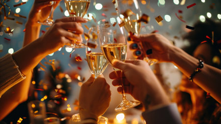Glasses raised, confetti falling, and festive decor mark a jubilant birthday bash.の素材