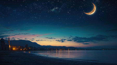 Nighttime Ramadan scene, crescent moon, and calmness in the air with copy space.の素材