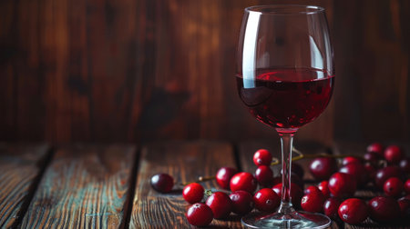 red wine in the glass in dark wood background with cranberries.の素材