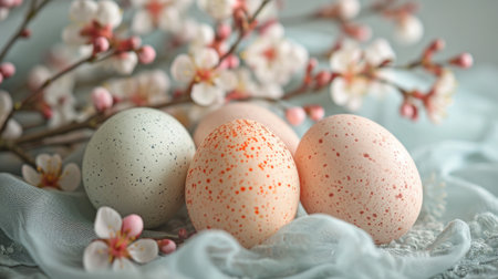 Pastel eggs, delicate lace, and dainty florals composition a refined spring background.の素材