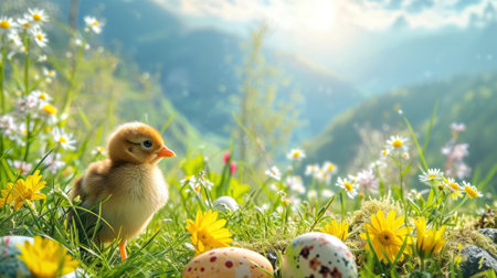 Sunbeams, wildflowers, and cheerful animals in a picturesque Easter landscape.の素材