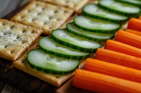 sliced crackers with carrots and cucumber.の素材