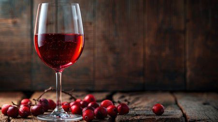 red wine in the glass in dark wood background with cranberries.の素材