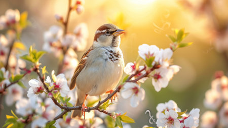 Singing birds, musical notes, and blossoming branches set a harmonious scene.の素材