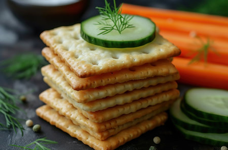 sliced crackers with carrots and cucumber.の素材