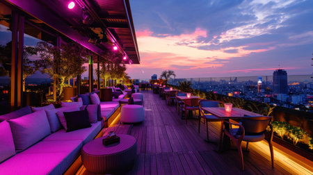 Trendy rooftop party with panoramic views, modern decor, and a vibrant atmosphere for celebration.の素材