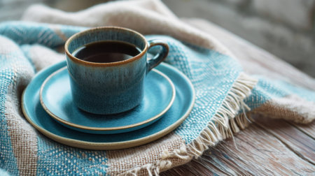 a cup of coffee sits in an empty cup, blanket, and saucer,.の素材