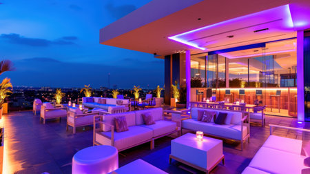 Trendy rooftop party with panoramic views, modern decor, and a vibrant atmosphere for celebration.の素材