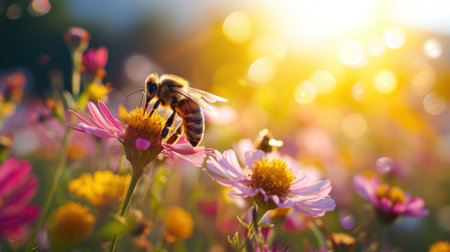 Wildflowers, buzzing bees, and a vibrant sun bring spring's lively spirit.の素材