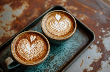 two latte with heart latte art on a tray.の素材
