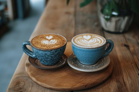a photo of two latte cups shown in a coffee shop,.の素材