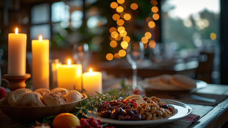 Warm candlelit setting with dates, traditional dishes, and a spirit of togetherness with copy spaceの素材