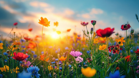 Wildflowers, buzzing bees, and a vibrant sun bring spring's lively spirit.の素材