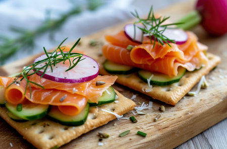 two crackers with vegetables and cucumbers on a board.の素材