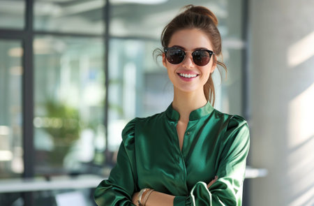 young smiling woman at office wearing green blouse and sunglasses.の素材