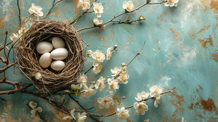 Tranquil scenes of nests, feathers, and delicate blossoms evoke Easter tranquility.の素材